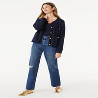 Бесплатно склопување женски џемпер за џеб од џеб, кардиган, средна тежина, големини XS-XXL
