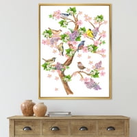 Дрво со шарени птици кои седат на цветни гранки врамени сликарство платно уметничко печатење