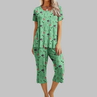 Обични Облеки За Жени Со Кратки Ракави Џеб Со Кружен Врат Печатени Дводелни Женски Пижами Поставени Зелена Големина Л