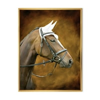 DesignArt 'Затвори портрет на кафеав коњ со фармата на фармата на белите уши, врамени печатење на wallидови од платно