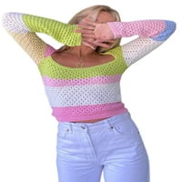 Женски Блок Џемпер Во Боја, Возрасни Шупливи Долги Ракави Плетен Пуловер За Вратот Во Форма На Буквата У
